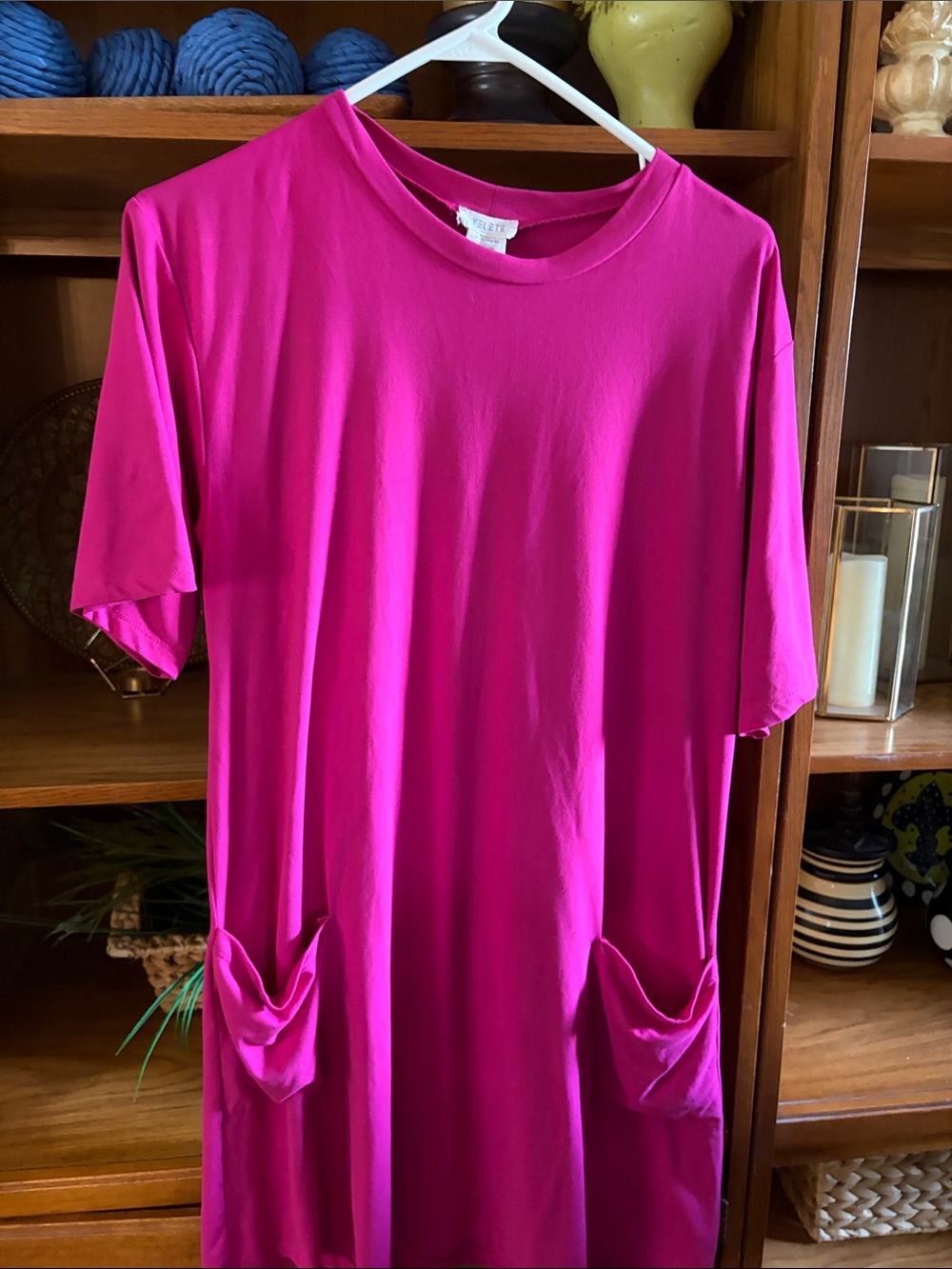 Yelete Women's Short Sleeve Pocket Dress Tee - Fuchsia Pink